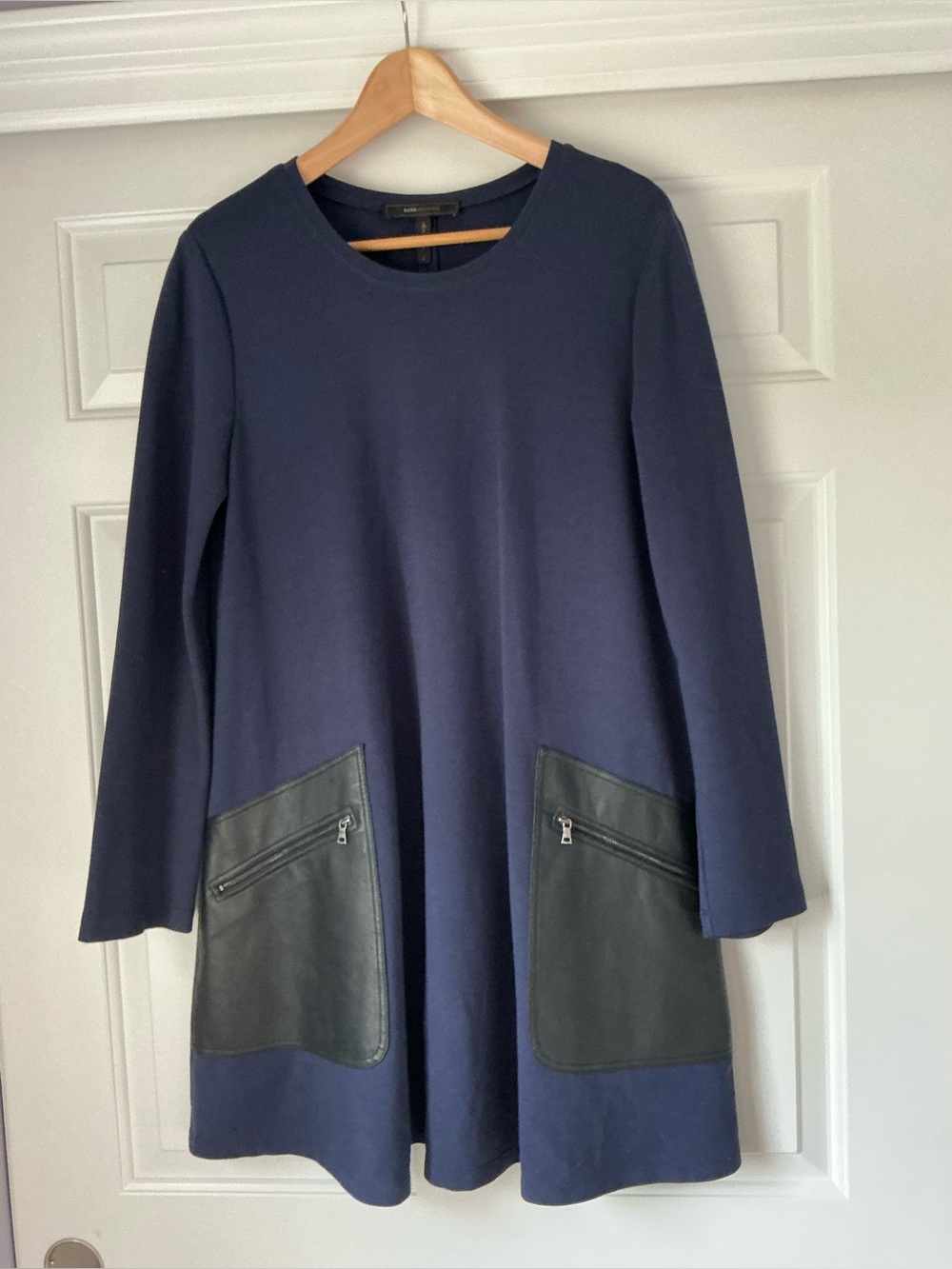 BCBGMaxAzria Farah NavyFaux Leather Pockets Long-Sleeve Dress S